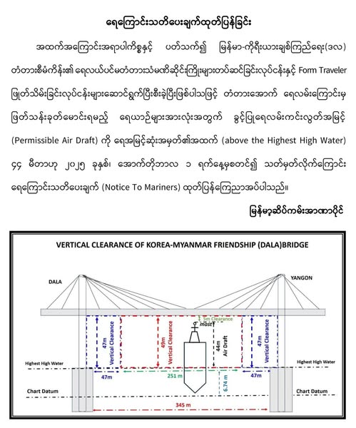 Myanmar Port Authority sets 44-meter permissible air draft for vessels under Yangon-Dala Bridge