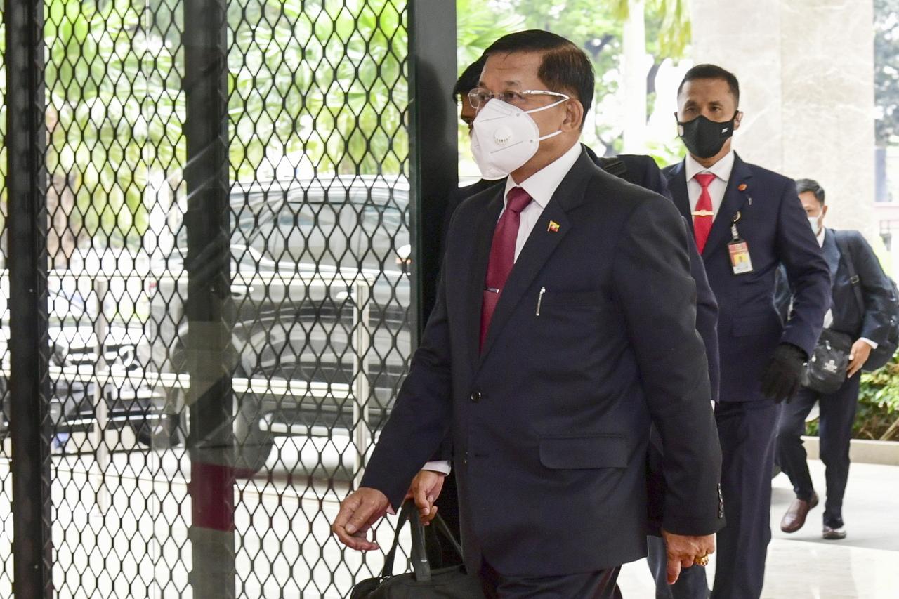 Myanmar's Senior General Min Aung Hlaing arriving at the Asean leaders' meeting on the Myanmar crisis in Jakarta on April 24, 2021. PHOTO: INDONESIAN PRESIDENTIAL PALACE 