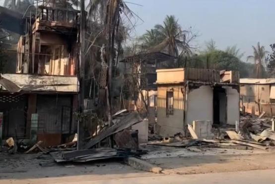 Photo shows some homes wrecked by artillery shells in Thingannyinaung, Kayin State. 
