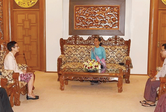 Myanmar State Counsellor Daw Aung San Suu Kyi meets Assistant Secretary-General for Humanitarian Affairs and Deputy Emergency Relief Coordinator in the United Nations Office for the Coordination of Humanitarian Affairs (OCHA) Ursula Mueller. (Photo-MSCO).