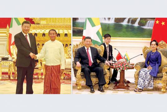 President Win Myint greets Chinese President Xi Jinping (Left photo-Aung Min Thein) / State Counsellor Aung San Suu Kyi meets Chinese President Xi Jinping (Right photo: President Office) 
