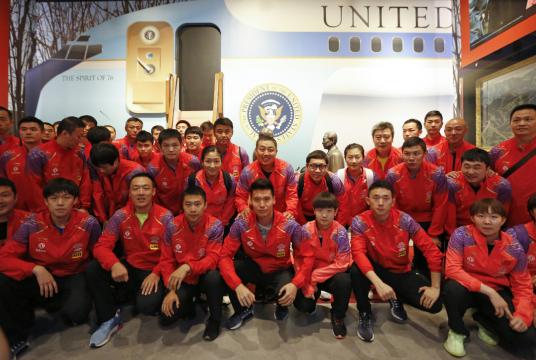  Liu Guoliang  (C), president of the Chinese Table Tennis Association, poses for a photo with China's national table tennis team at the Nixon Presidential Library and Museum in Orange County, California, US on Aug 22, 2019.[Photo/Xinhua] 