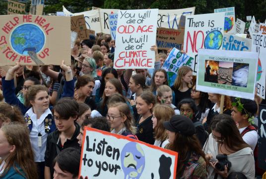 Students are seen during the global school strike for action on climate change outside New Zealand's parliament in Wellington, New Zealand, on March 15, 2019. (AAP Image/via REUTERS/Boris Jancic) 