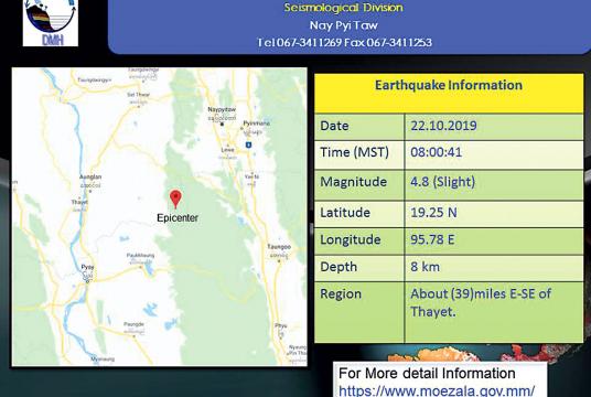 Map shows earthquake position near Thayet Township (Photo-DMH)