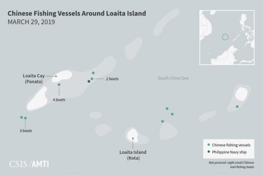 A graphic provided by AMTI shows the position of Chinese vessels near or around Philippine-occupied islands Panata and Kota in the West Philippine Sea on March 29, 2019. AMTI GRAPHICS