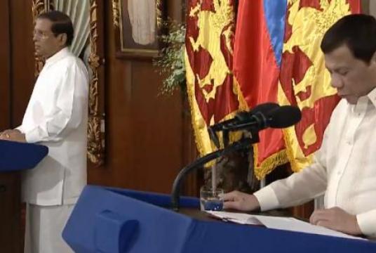 Sri Lankan President Maithripala Sirisena and Philippine President Rodrigo Duterte give their joint press statement in Malacañan Palace on Wednesday, Jan. 16, 2019. (Photo from an RTVM video)