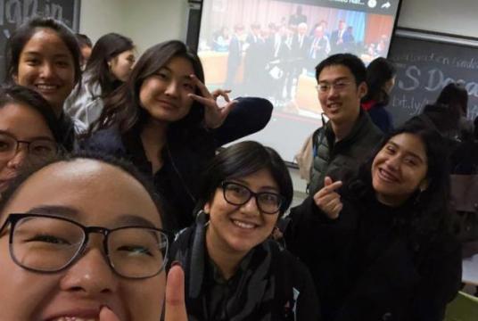 Students who opened an academic course at the University of California, Berkeley, to explore the phenomenal success of K-pop boy band BTS and its growing global impact, pose for a picture on Thursday. (Yonhap)