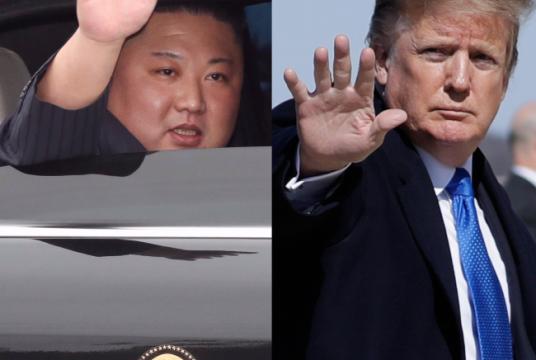 North Korean leader Kim Jong-un waves upon his arrival at the border town of Dong Dang, Vietnam, Tuesday. (L) US President Donald Trump boards Air Force One prior to departure from Joint Base Andrews in Maryland, Monday. (Yonhap)