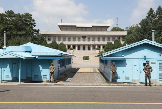 South Korean soldiers stand guard at Panmunjom at the inter-Korean border. Joint Press Corps