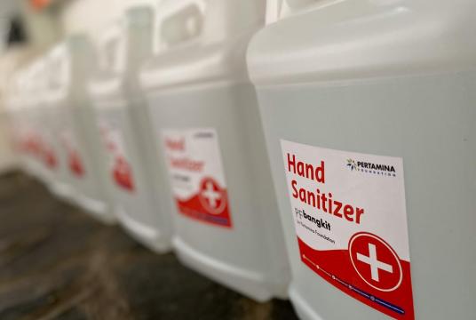 Pictured are jerrycans of hand sanitizers distributed by Pertamina Foundation to several Islamic boarding schools and orphanages in Jakarta on April 1. (Photo Courtesy of Pertamina Foundation/File) 