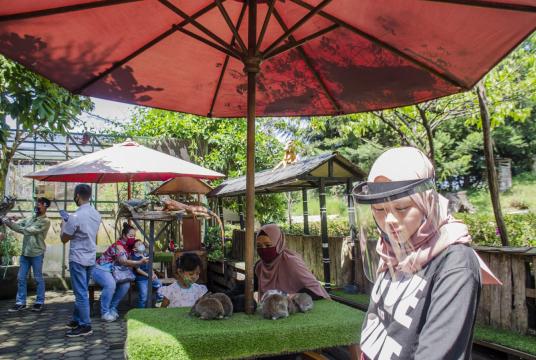Visitors wearing masks and face shields enjoy themselves at the Farm House tourist area in Lembang, West Bandung regency, West Java on June 14, 2020. (Antara/Novrian Arbi) 
