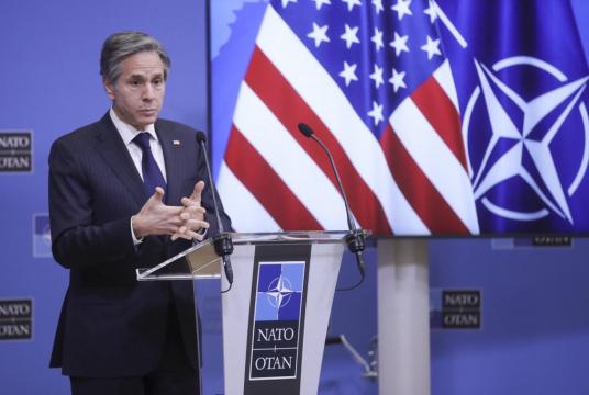 US Secretary of State Antony Blinken holds a press briefing at the end of a NATO Foreign Ministers' meeting at the Alliance's headquarters in Brussels on March 24, 2021. The foreign ministers met in person for the first time in more than a year. They prepared for an upcoming summit by discussing a set of proposals to reform the military alliance. (AFP/Olivier HOSLET / EPA )
