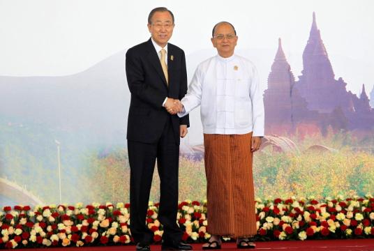 Retired UN Secretary-General Ban Ki-moon with then Myanmar president, Thein Sein in a file picture from November 2014. The duo on April 24, 2023 called for an immediate end to violence in Myanmar. - Reuters