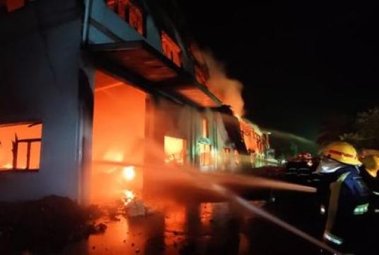 Photo-A fire broke out at a warehouse storing backpacks on Thusittar Road in Industrial Zone 2 in Dagon Seikkan Township (MFSD)