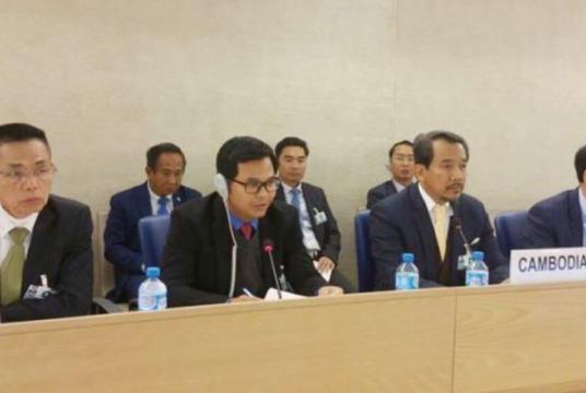 Chin Malin, spokesman for the Interior Ministry, and other Cambodian delegates address the human rights situation at the third Universal Periodic Review (UPR) in Geneva, Switzerland earlier this month. Photo supplied