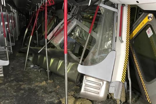 This March 18, 2019 photo shows the damages in one of the cabins of a MTR train after it collided with another train on the Tsuen Wan Line in Hong Kong during a test run for a new signalling system. (PHOTO PROVIDED TO CHINA DAILY)
