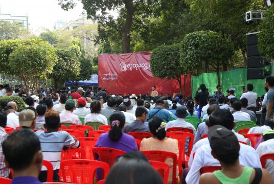 Yangon Region Chief Minister U Phyo Min Thein gave a speech at a public meeting in Sanchaung Township in Yangon on 9 February.