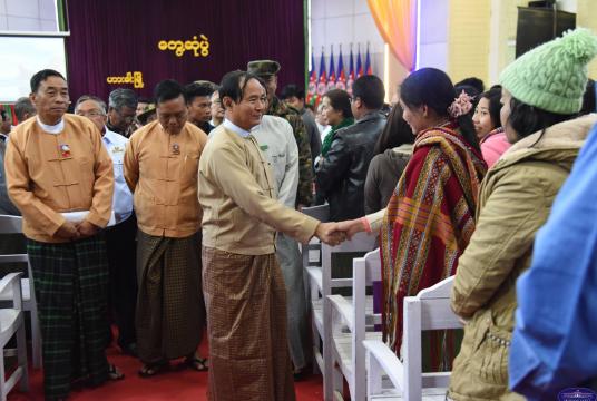 President Win Myint greets civil servants at Haka Town Hall in Chin State