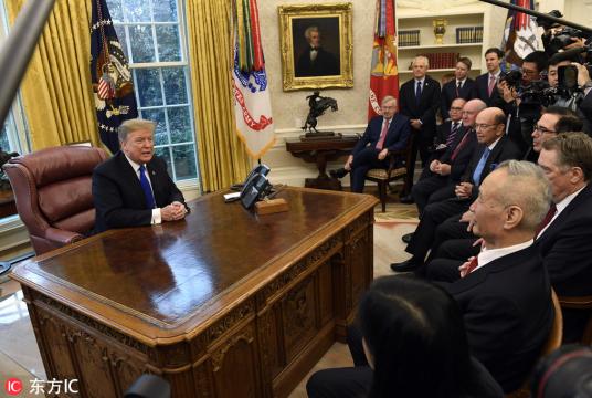 US President Donald Trump meets with Chinese Vice Premier Liu He, front right, in the Oval Office of the White House in Washington, Friday, Feb 22, 2019. [Photo/IC]