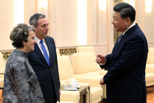 President Xi Jinping meets Harvard University President Lawrence Bacow and wife, Adele, at the Great Hall of the People in Beijing on Wednesday. [Photo by Wu Zhiyi/China Daily]