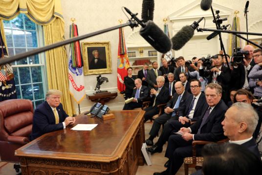 US President Donald Trump meets Chinese Vice-Premier Liu He at the White House on Oct 11, 2019. [Photo by Zhao Huanxin/China Daily]