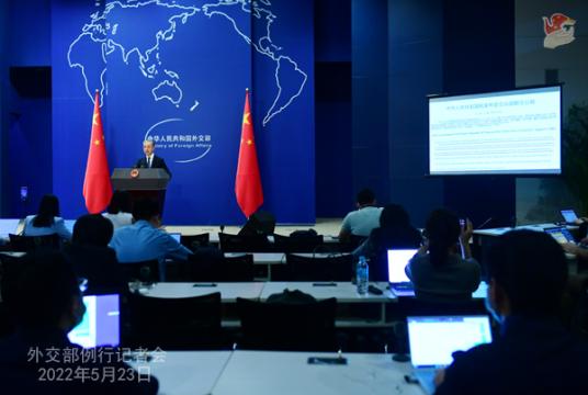 Foreign Ministry spokesman Wang Wenbin answers a question at a regular news conference in Beijing, May 23, 2022. [Photo/fmprc.gov.cn]
