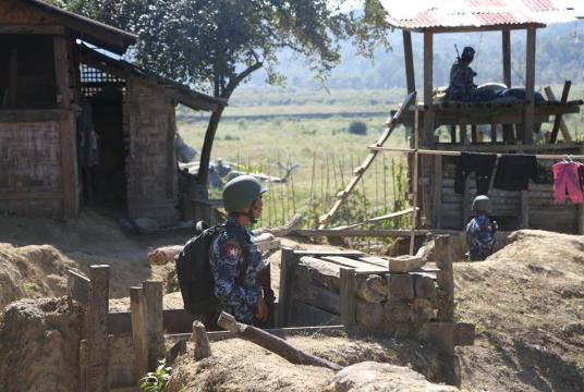 BGF police carry out security measures at Goatpi outpost, the place AA launched synchronized attacks. (Photo-Myint Thu)