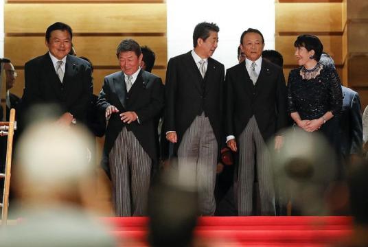 Members of Japan's new Cabinet include (from left) Land, Infrastructure, Transport and Tourism Minister Kazuyoshi Akaba, Foreign Minister Toshimitsu Motegi, Prime Minister Shinzo Abe, Finance Minister Taro Aso and Internal Affairs Minister Sanae Takaichi. This is Mr Abe's fifth Cabinet reshuffle since he took office in December 2012. He has reassigned all but two of the 19 portfolios.PHOTO: EPA-EFE