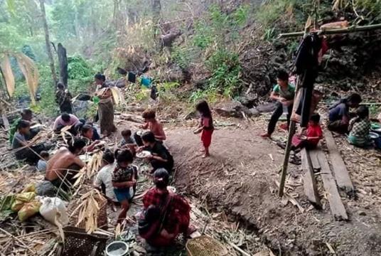 Displaced people from the north-western town of Mindat taking shelter in a forest in Myanmar's Chin state, on Thursday.PHOTO: AFP