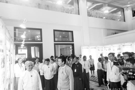 Dignitaries visit a fair in commemoration of International Anti-Corruption Day in Yangon in December 2018