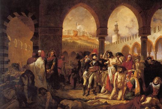 This 1804 oil painting by Antoine-Jean Gros depicts Napoleon Bonaparte visiting plague victims quarantined in Jaffa during the Egyptian Campaign.