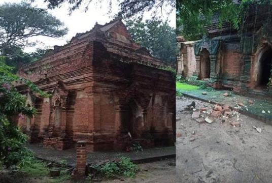 Caption: Some ancient buildings destroyed due to heavy rain in Bagan