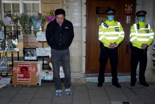 Myanmar's ambassador to Britain Kyaw Zwar Minn standing outside the Myanmar Embassy in London after being locked out, on April 7, 2021.PHOTO: AFP