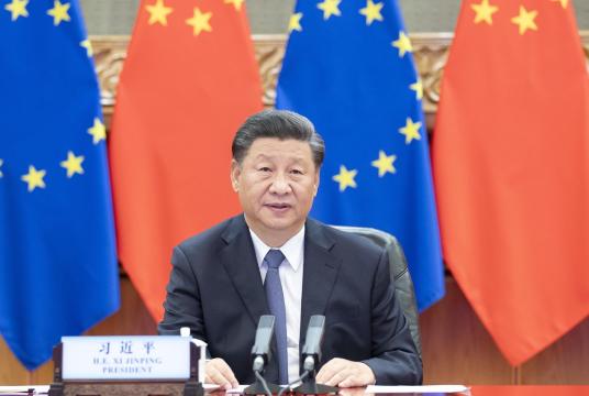  President Xi Jinping co-hosts a China-Germany-EU leaders' meeting in Beijing, capital of China, Sept 14, 2020, via video link with German Chancellor Angela Merkel, whose country currently holds the EU's rotating presidency, European Council President Charles Michel and European Commission President Ursula von der Leyen. [Photo/Xinhua] 