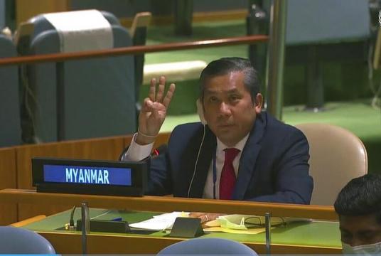 In this image grab made from UNTV video, Kyaw Moe Tun, Myanmar's permanent representative to the United Nations, speaks at the UN General Assembly on Feb 25, 2021. (PHOTO / UNTV VIA AP)