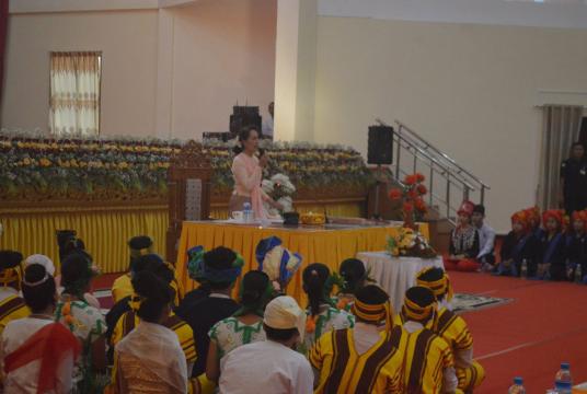 State Counsellor delivering a speech in Mawlamyaing (Photo-Bo Bo Myint)