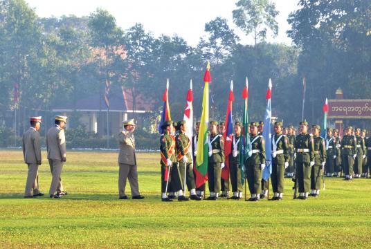 Senior General Min Aung Hlaing is inspecting the 5th Intake of Graduate Female Cadets of Defence Services (Army) Officers Training School (Hmawbi) (Photo-Office of the Commander-in-Chief of the Defence Services)