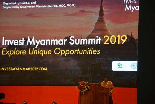 Mandalay Region Chief Minister Dr Zaw Myint Maung delivered a speech at Invest Myanmar Summit 2019