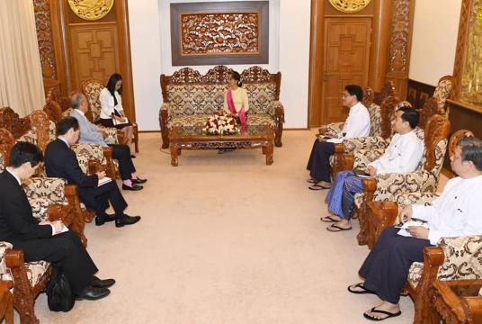 State Counsellor Aung San Suu Kyi receives Yohei Sasakawa, Special Envoy of the Government of Japan at Ministry of Foreign Affairs in Nay Pyi Taw