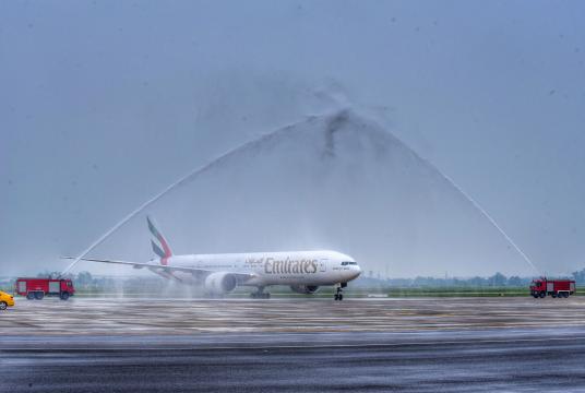An Emirates plane seen at Yangon International Airport