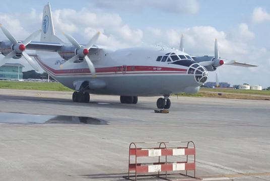 Antonov AN-12 transport aircraft landed at Yangon International Airport.