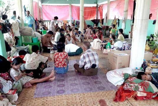 Flood victims seen at a flood relief camp in Bago