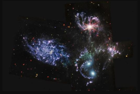 An image from the James Webb Space Telescope shows never-before-seen details of Stephan’s Quintet, a visual grouping of five galaxies. PHOTO: AFP