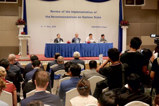A press conference was in process after the workshop on Review of Implementation of the Recommendations on Rakhine State at Park Royal Hotel in Yangon on May 7.