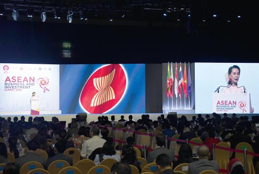 Myanmar State Counsellor Daw Aung San Suu Kyi gives a speech at Asean Business and Investment Summit 2019 in Bangkok.
