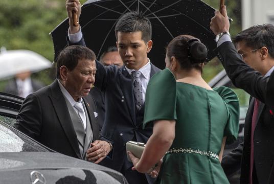 Philippines President, Rodrigo Duterte arrives to attend the enthronement ceremony of Emperor Naruhito of Japan at the Imperial Palace on Tuesday, Oct. 22, 2019 in Tokyo. (Carl Court/Pool Photo via AP)