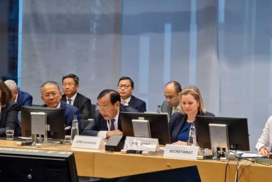 Foreign minister Prak Sokhonn (centre front), in his capacity as the ASEAN chair’s Special Envoy on Myanmar, addresses the Political and Security Committee of the EU on December 14. MFAIC
