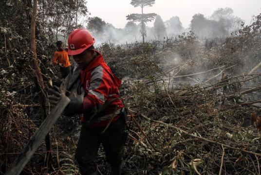 Indonesian firemen inspecting land in Kampar, Riau province, on Tuesday. More than a thousand hot spots have been spotted in Sumatra and Kalimantan. Malaysia saw its air quality worsen dramatically, with the air pollutant index in Rompin, Pahang, climbing to 232, in the "very unhealthy" range.PHOTO: EPA-EFE