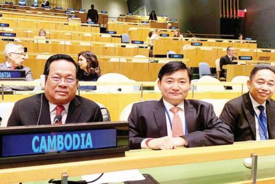 Ith Sam Heng attends the UN General Assembly Senior Meeting commemorating the 100th anniversary of the establishment of the International Labour Organisation (ILO) on Wednesday. Photo supplied to Phnom Penh Post