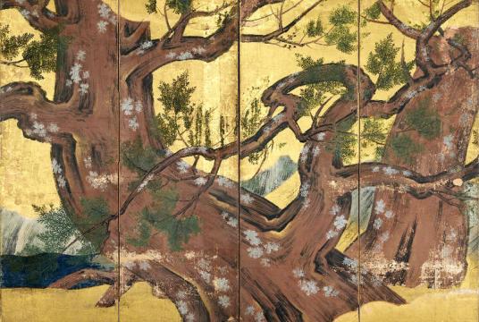“Cypress Trees” (right screen) by Kano Eitoku, Azuchi-Momoyama period, dated 1590